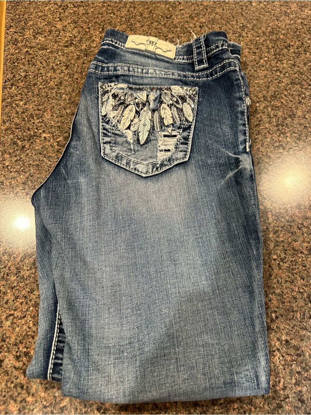 Miss Me Blue Boot Cut Jeans with Feather Pocket Embroidery